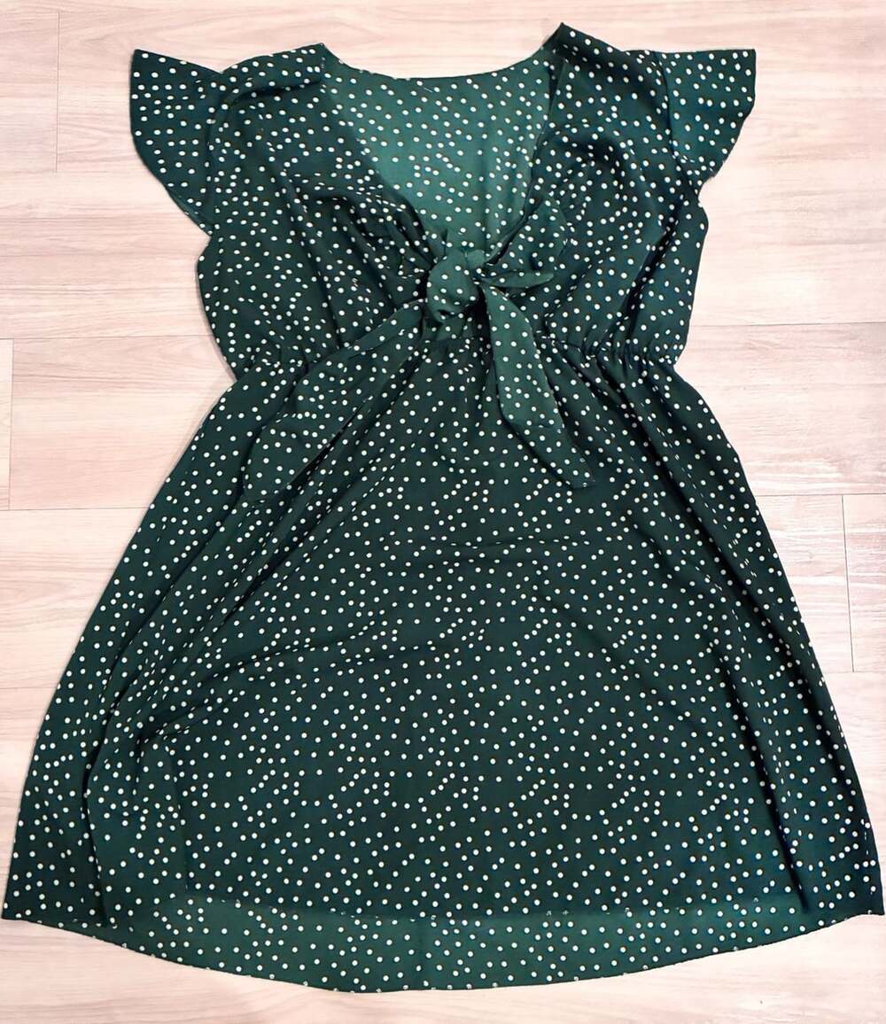 Green White Polka Dot Short Flutter Sleeve Tie Front A-Line Mini Dress